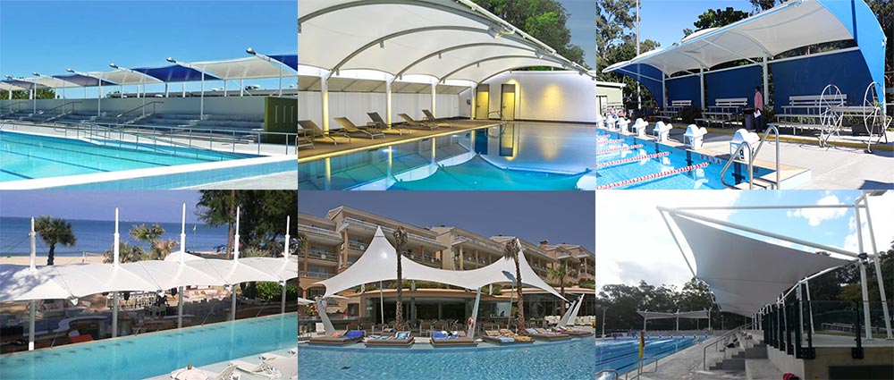 tensile membrane structure building for pool seating area