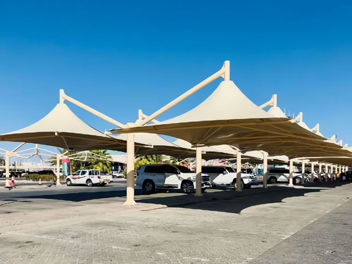 Single pole umbrella style car parking fabric structure shed