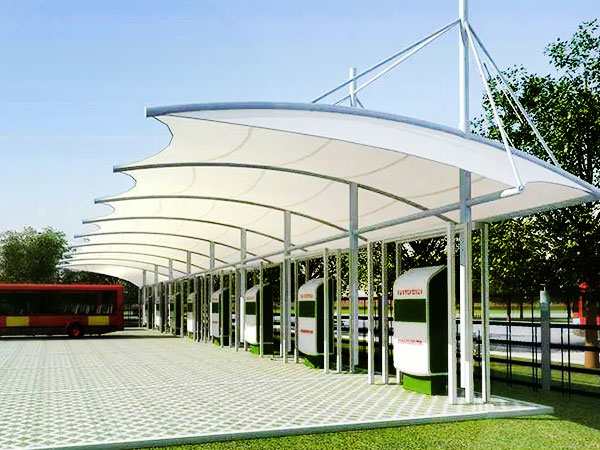 Tensile membrane structure parking canopy with charging pile